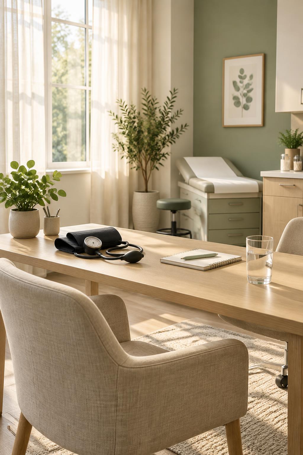 Sunlit Nexus consultation room with a light wood desk and blood pressure cuff