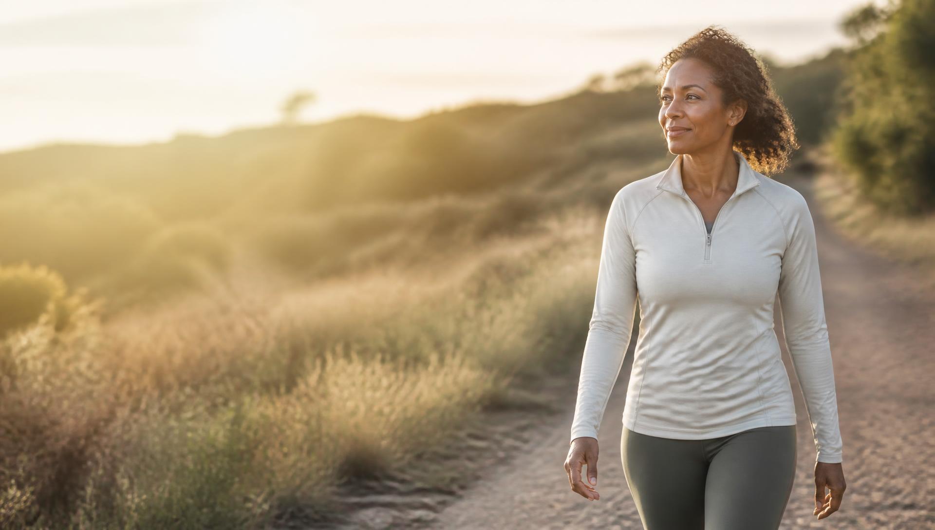 Woman walking on a sunlit nature trail